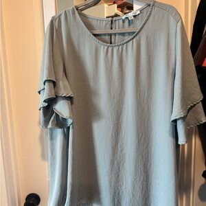 Plus Size She + Sky Blue Ruffled Bell Sleeve Blouse
